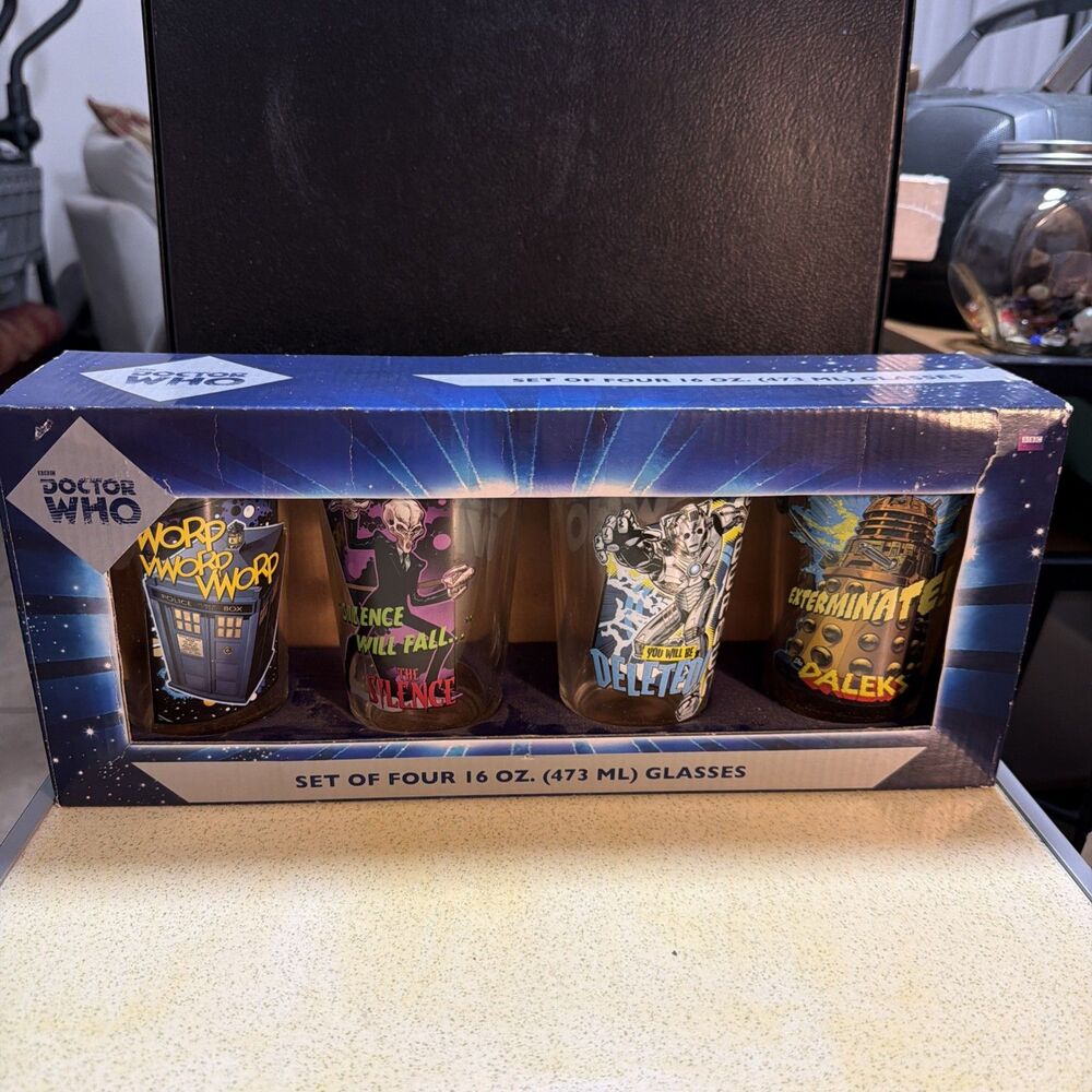Set of 4 Doctor Who Drinking Glasses: Silence, Cybermen, Daleks and Tardis 16oz